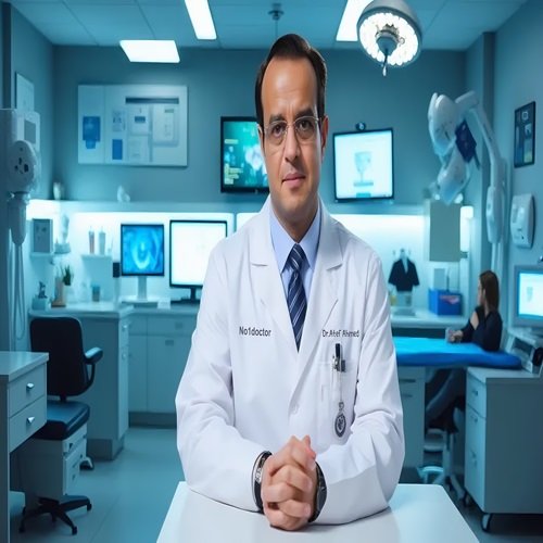 Dr. Atef Ahmed, bestselling author and medical educator, smiling in professional attire against a blue background
